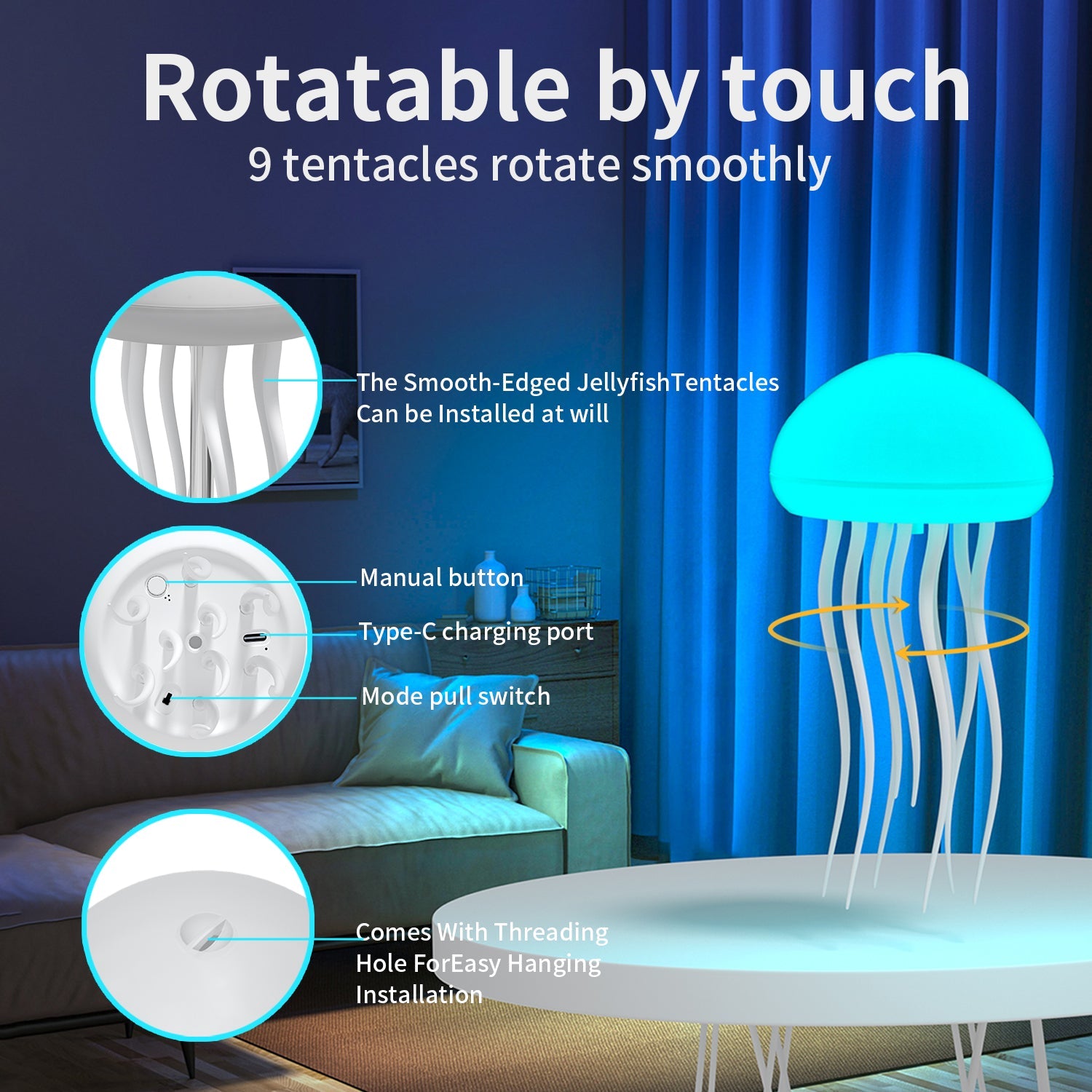 Jellyfish RGB Night Light — Touch-Activated, Hanging or Desk Base